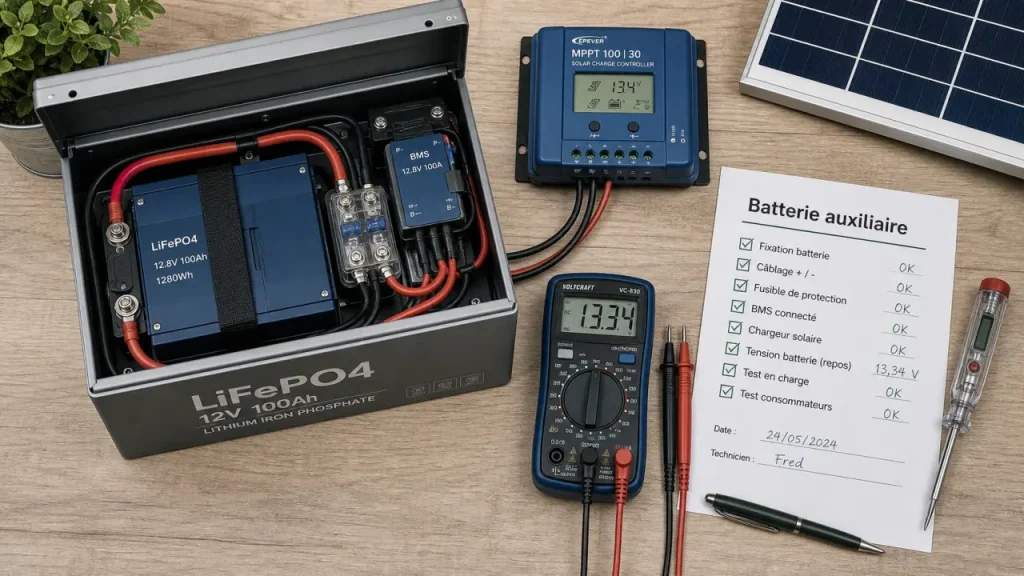 Batterie van aménagé LiFePO4 et câbles, contrôleur solaire