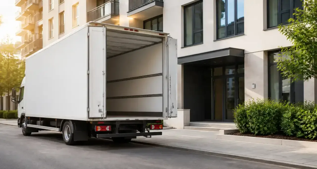 Camion de déménagement blanc stationné devant un immeuble, espace de chargement ouvert