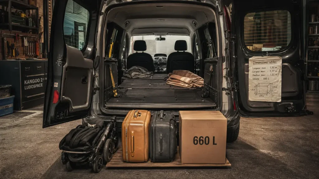 Dimension coffre Kangoo 2 : 660 L en 5 places, banquette rabattue