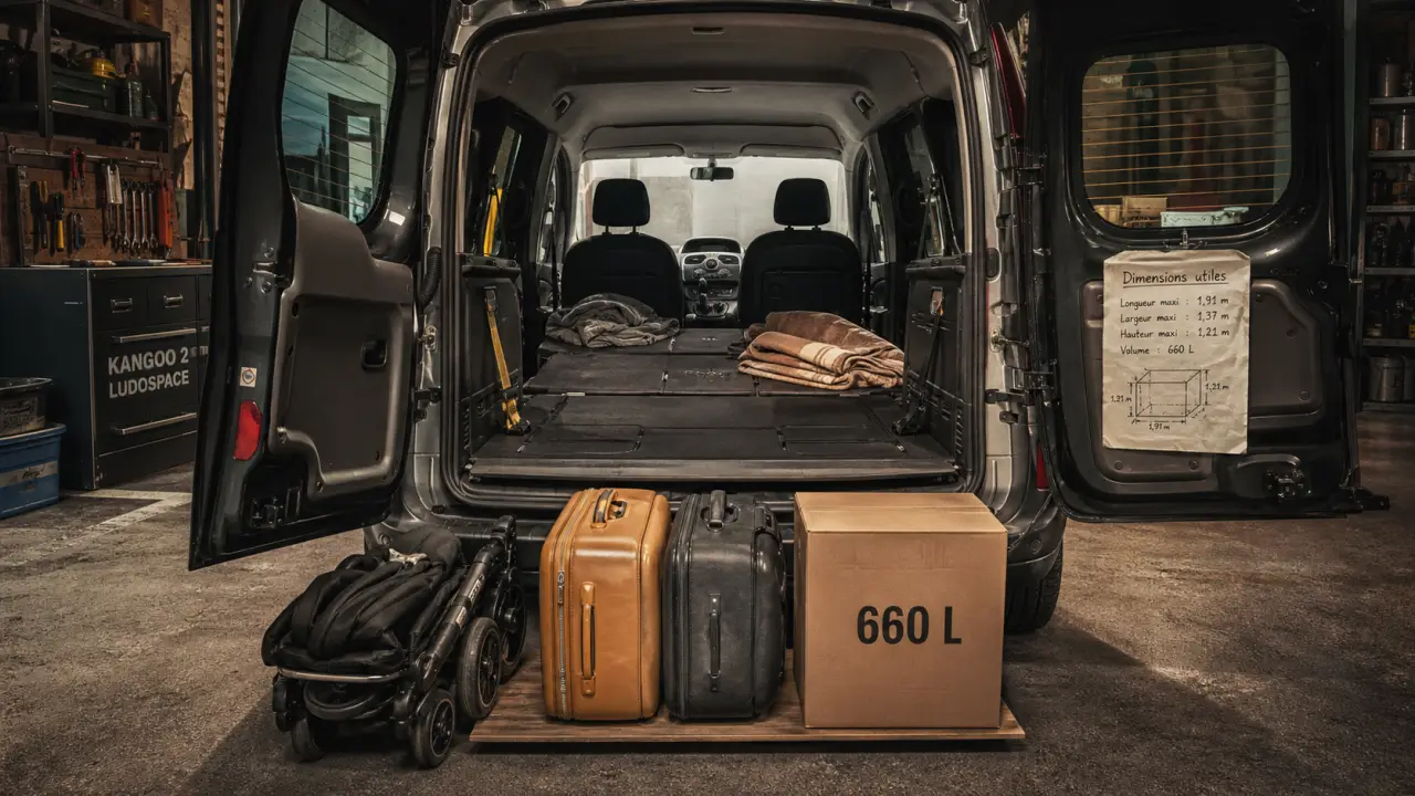 Dimension coffre Kangoo 2 : 660 L en 5 places, banquette rabattue