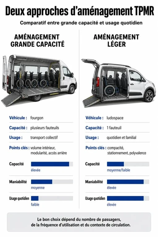 Comparatif des types d'aménagements pour véhicules TPMR d'occasion : grande capacité vs aménagement léger.