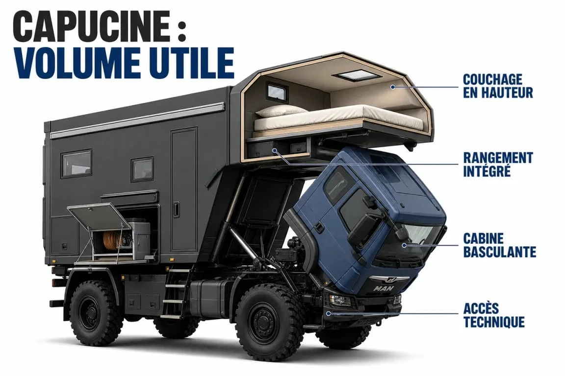 Capucine pour camion illustrée sur un camion aménagé avec couchage en hauteur