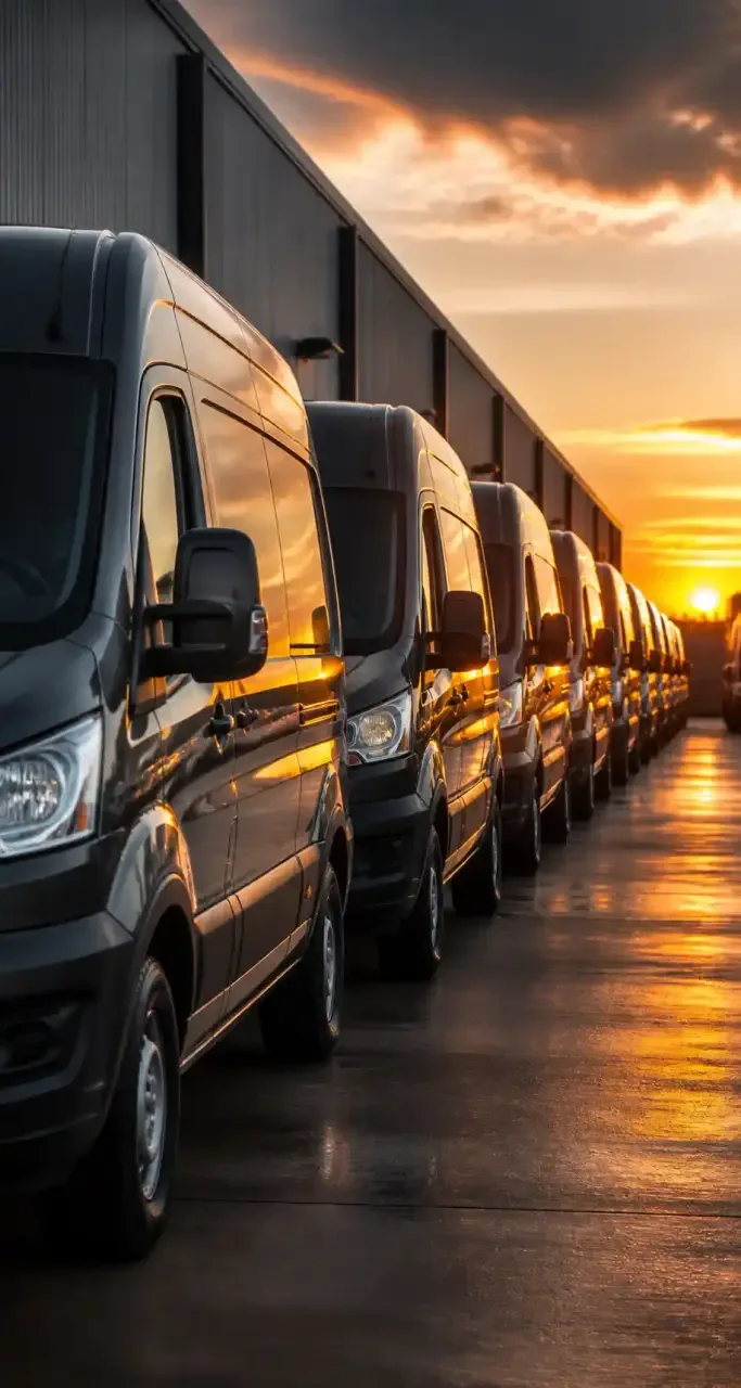 Flotte de camionnettes utilitaires alignées dans un dépôt logistique au coucher du soleil
