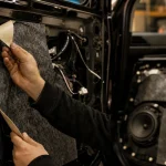 Insonorisation voiture : technicien pose feutre butyle sur porte