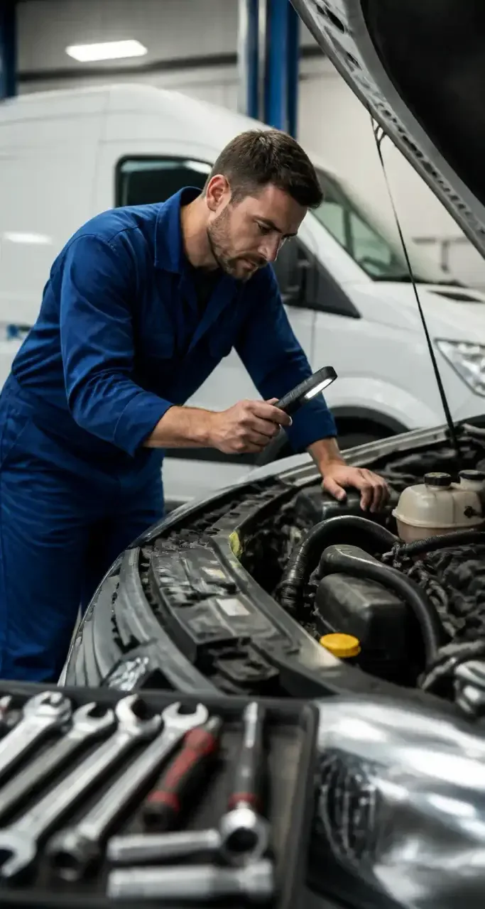 Mécanicien réalisant l'entretien d'un véhicule utilitaire au garage