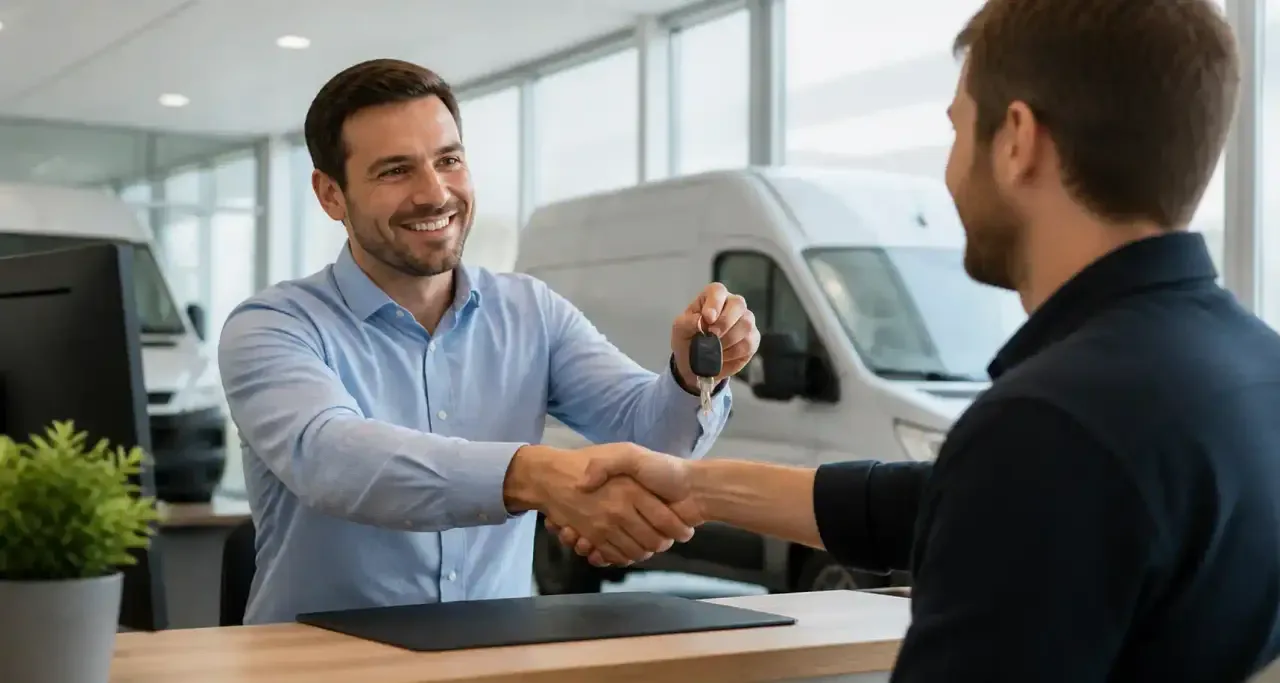 Remise des clés d'un camion de location à un client souriant en agence