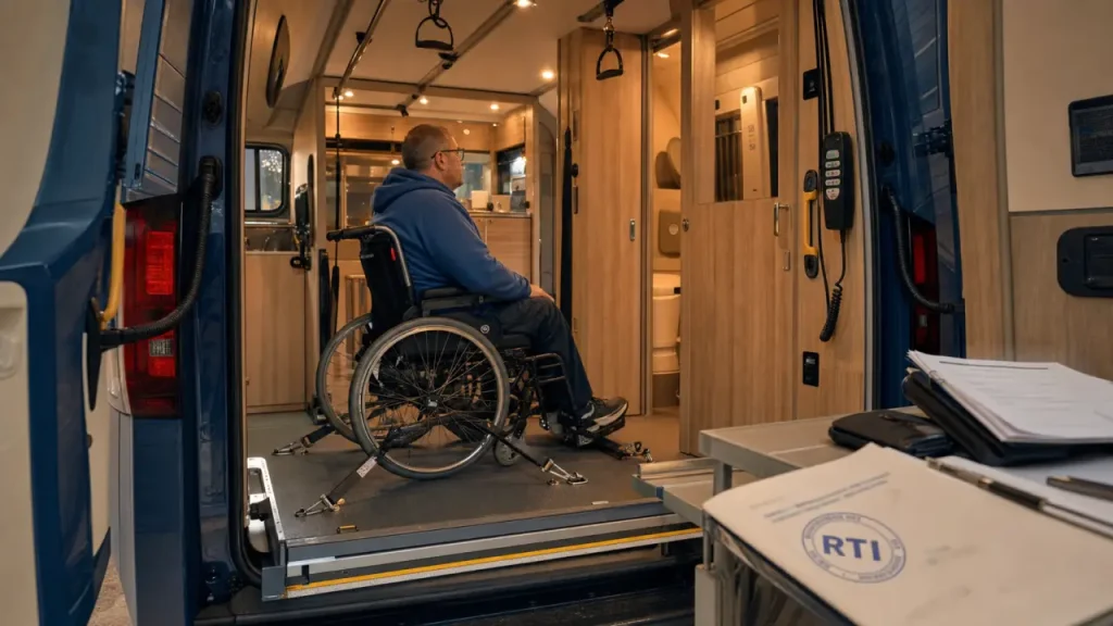 Van aménagé handicap : intérieur PMR avec plateforme élévatrice et fauteuil roulant