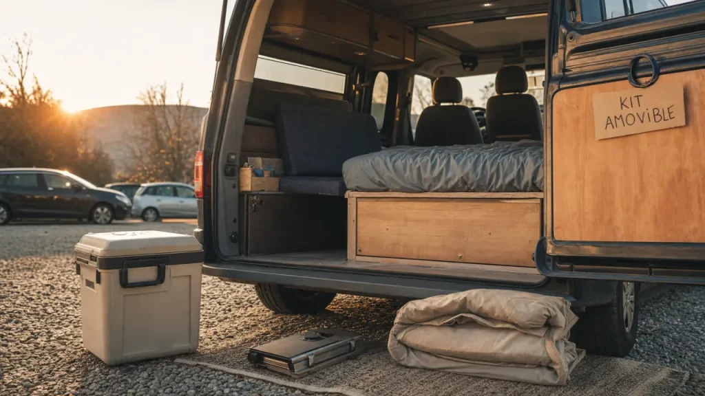 Van Toyota aménagé avec kit amovible sur parking