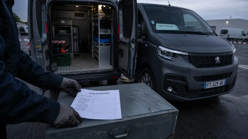 Camions Peugeot : fourgon utilitaire atelier gris portes ouvertes