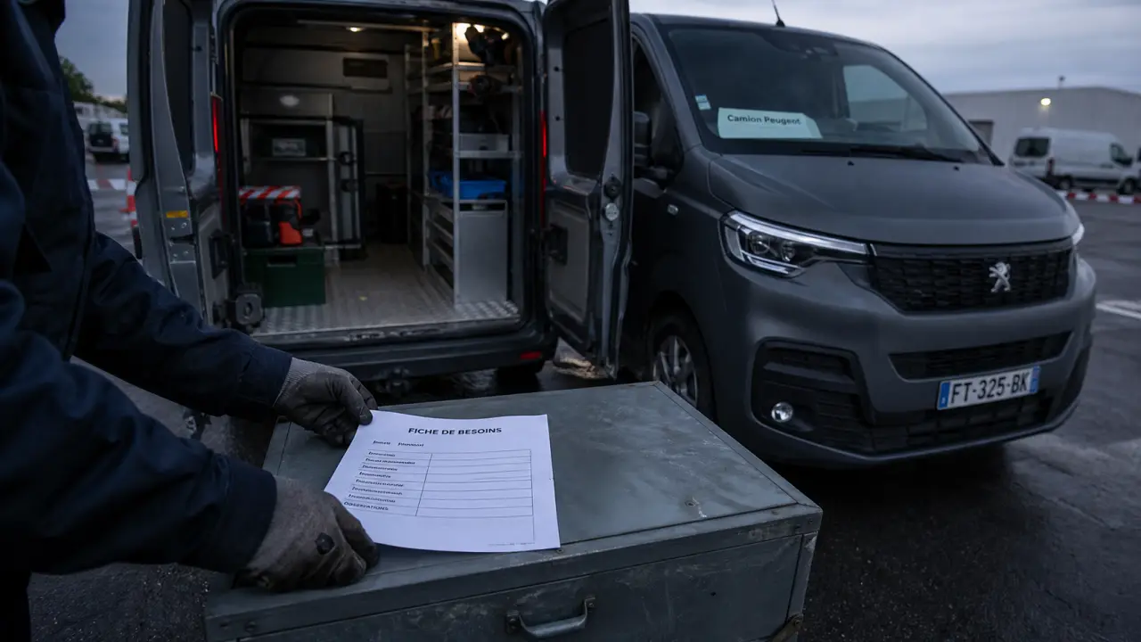 Camions Peugeot : fourgon utilitaire atelier gris portes ouvertes