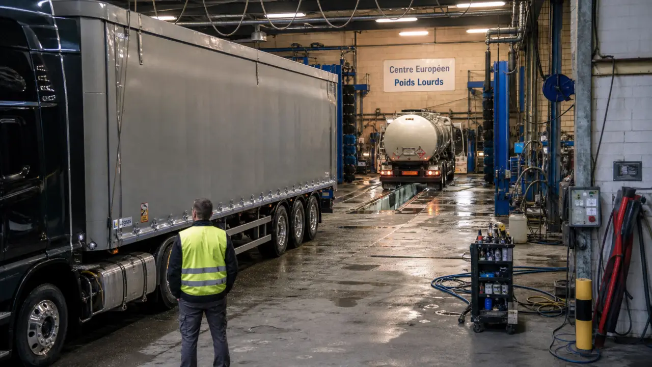 Centre européen poids lourds : technicien inspecte une semi-remorque à l’atelier de Carbon Blanc