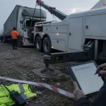Depannage poids lourds sur autoroute : dépanneuse relève une remorque accidentée