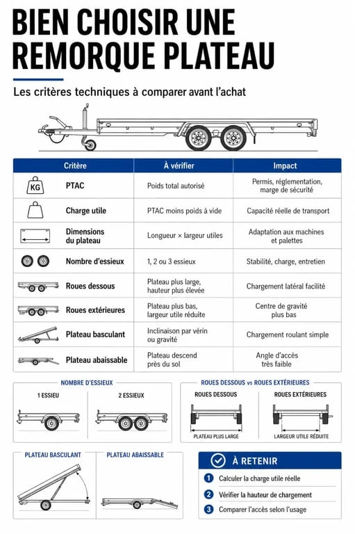 Infographie comparative sur les remorques plateaux : PTAC, charge utile, essieux et types de plateau