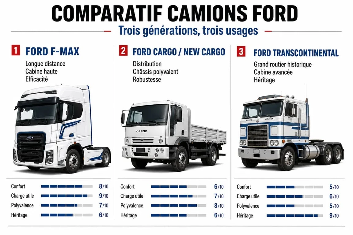 Camions Ford comparatif des modèles F-MAX, Cargo et Transcontinental
