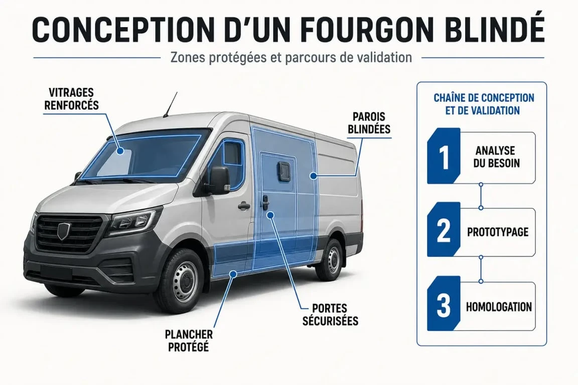 Schéma des fourgons blindés montrant la protection balistique et la conception industrielle