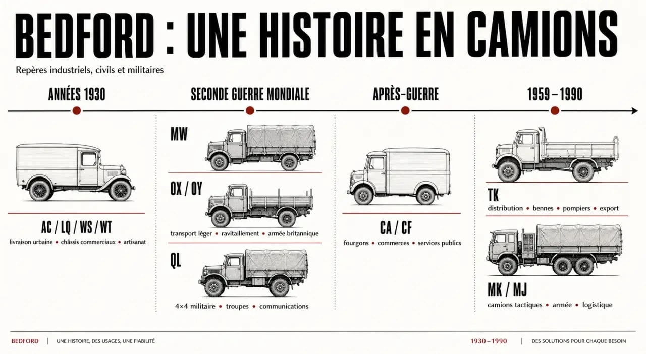 Camions Bedford : frise chronologique des principaux modèles et usages civils et militaires