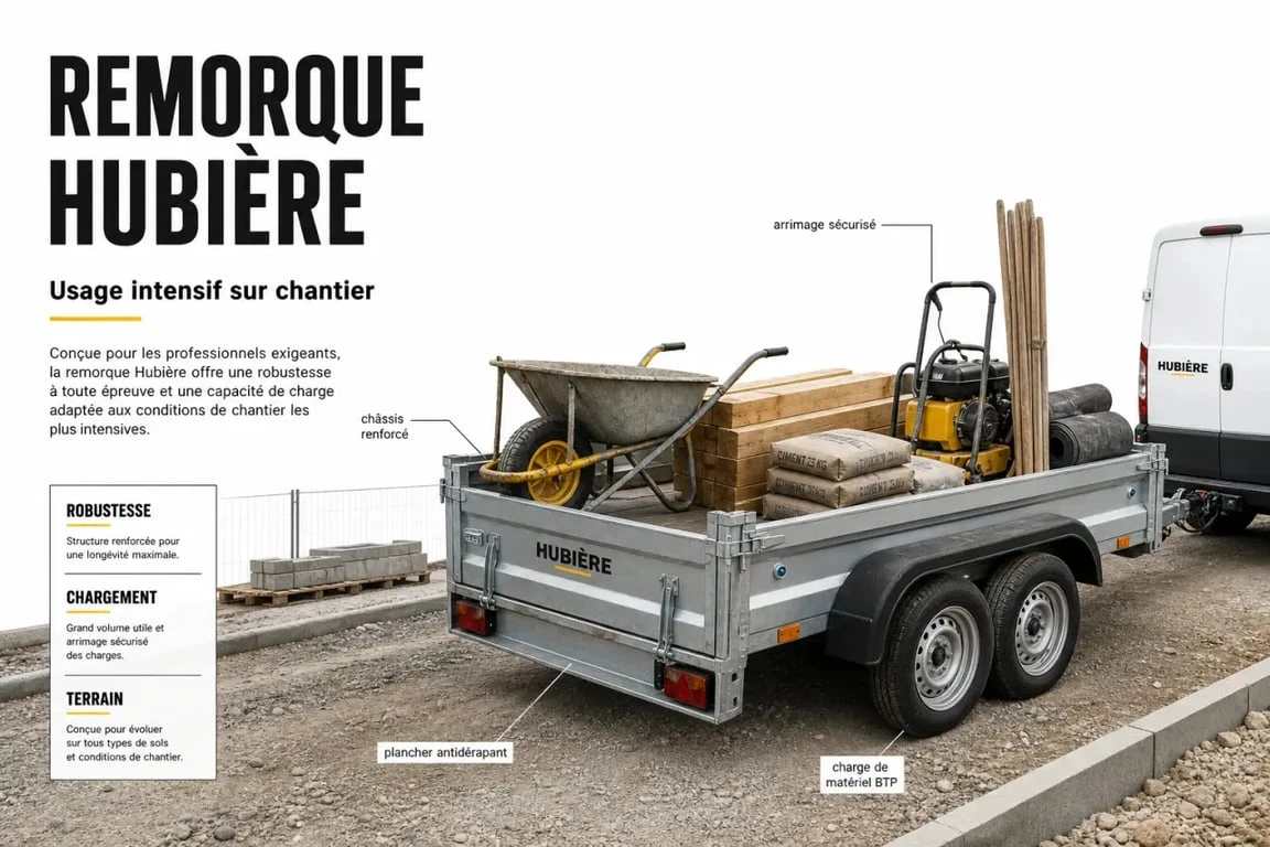 Hubieres remorques en usage professionnel sur chantier