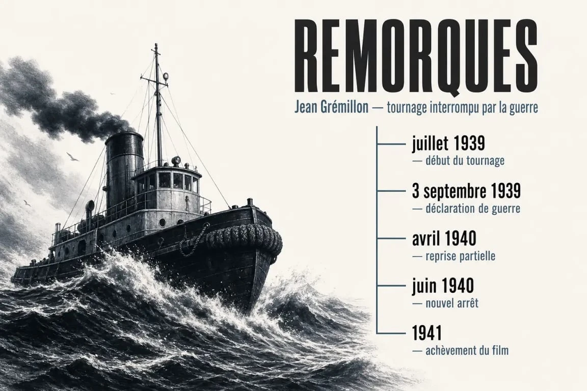 Remorques gremillon : visuel éditorial du film de Jean Grémillon avec la chronologie du tournage interrompu par la guerre