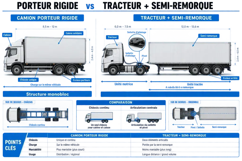 Comparaison technique entre un camion porteur rigide et un tracteur routier avec semi-remorque