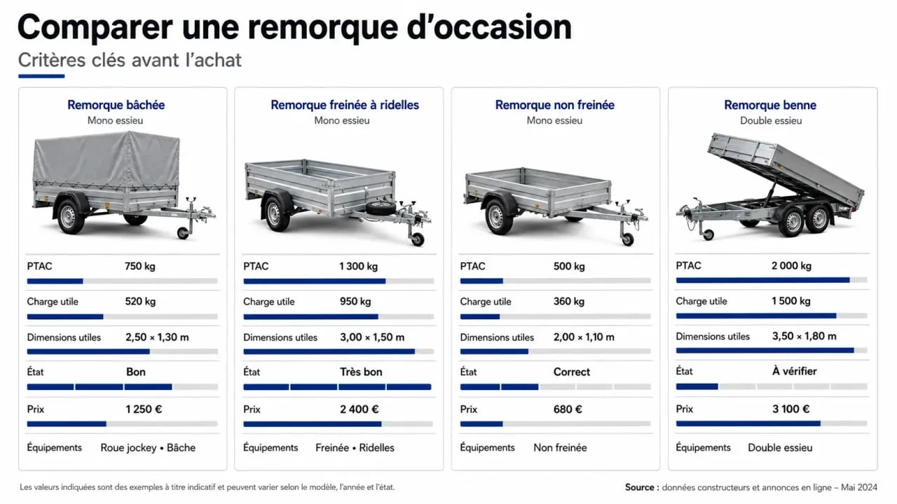Comparatif visuel des remorques d'occasion avec PTAC, charge utile, dimensions, état et prix