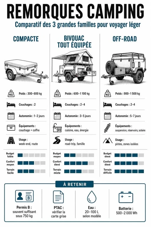 Remorques camping : infographie comparative des principaux types, capacités et équipements