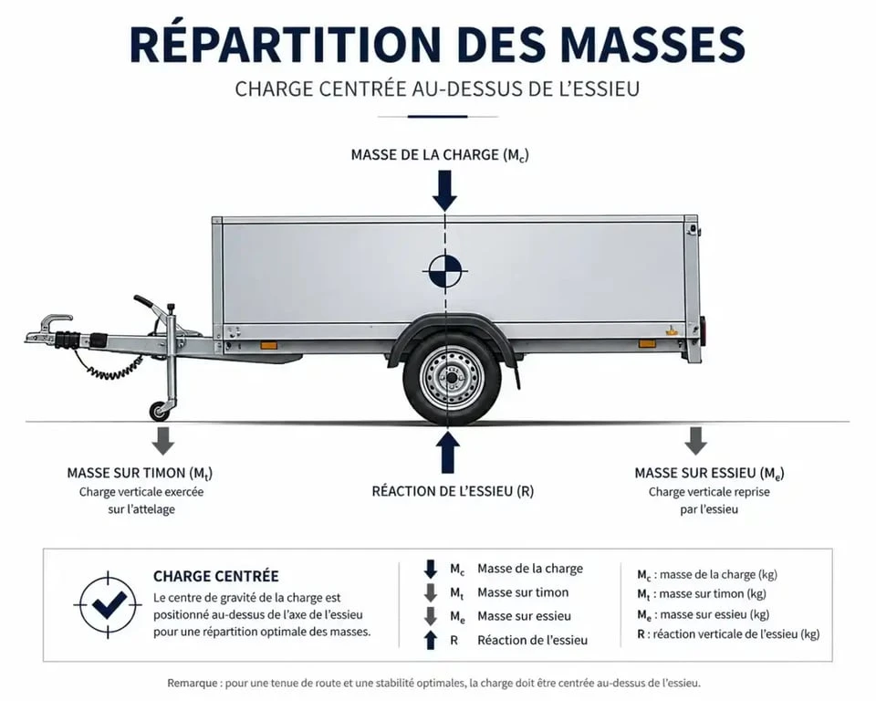 Schéma de répartition des masses pour une remorque bagagère sécurisée