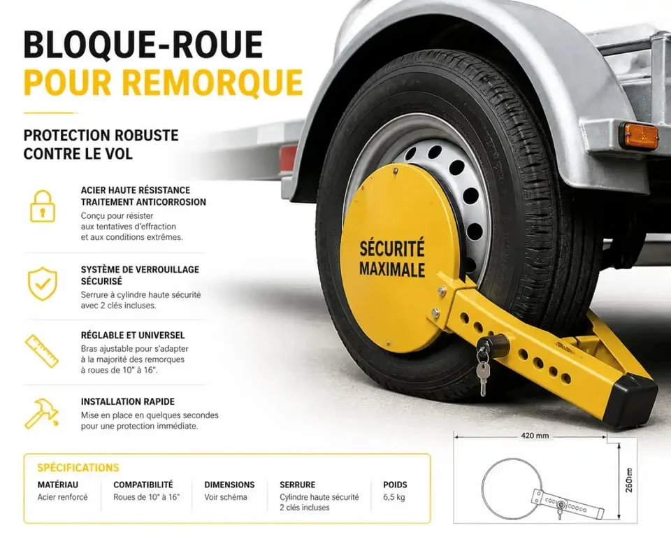 Sabot de roue antivol pour remorque et caravane
