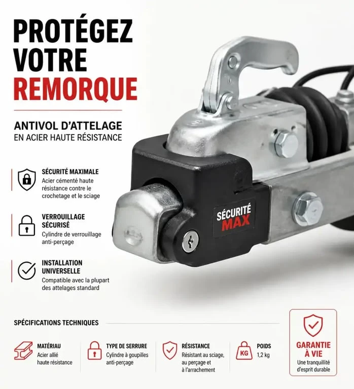 Antivol de tête d'attelage pour remorque en acier haute résistance