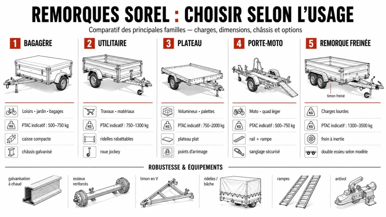Comparatif des remorques Sorel selon l’usage, les caractéristiques et les options à vérifier