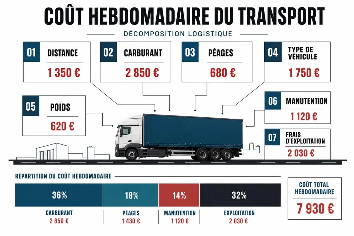 Calculateur coût wk transport logistique : répartition visuelle des coûts hebdomadaires de transport logistique