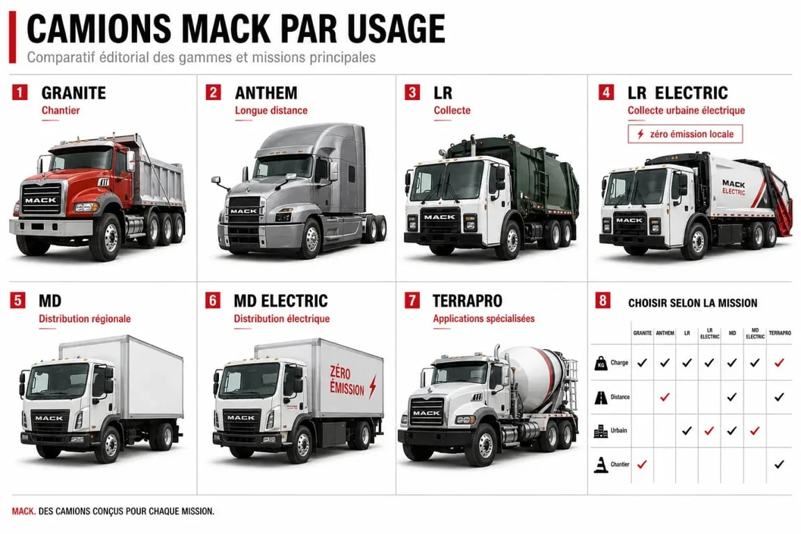 Comparatif des camions mack par usage, de chantier à la livraison électrique
