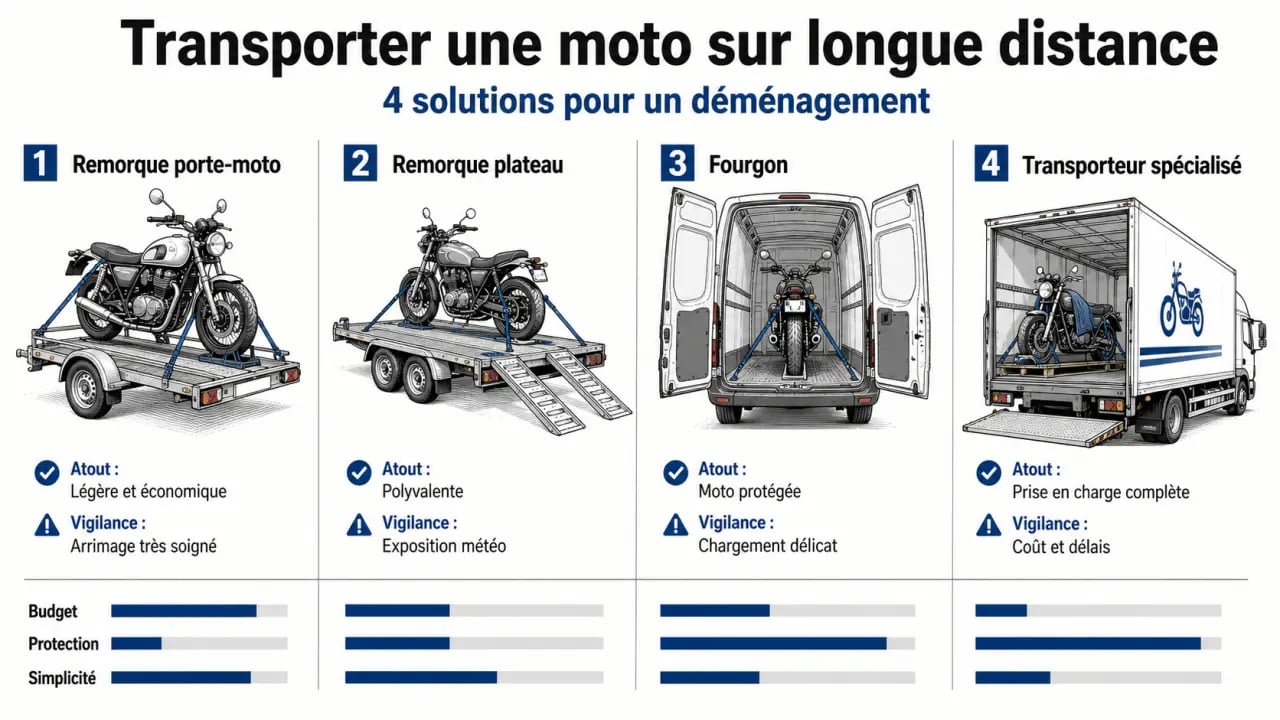 Comment bien préparer sa moto pour un déménagement longue distance : comparaison visuelle des solutions de transport