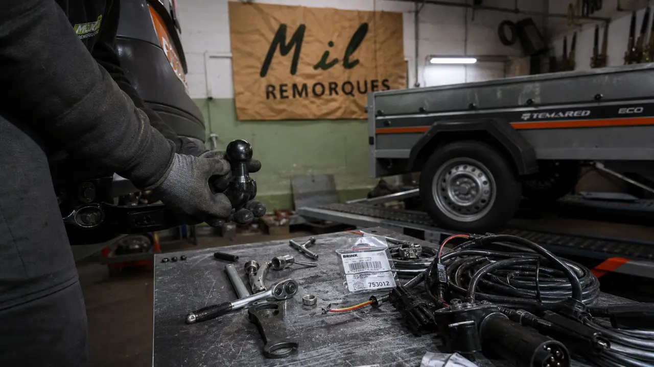 mil remorques auriol : technicien pose une rotule d’attelage en atelier