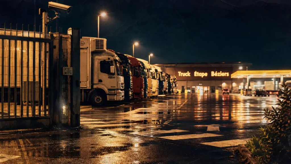 Parking poids lourds truck étape Béziers, centre routier, camions et services routiers
