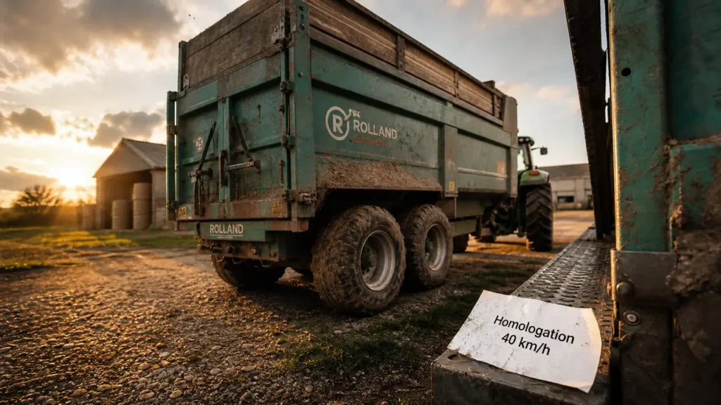 Remorques rolland agricoles sur chemin de ferme en gravier