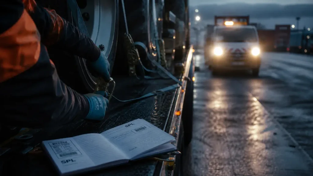 Super poids lourds : conducteur SPL vérifie sangles de remorque (permis CE)