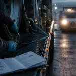 Super poids lourds : conducteur SPL vérifie sangles de remorque (permis CE)