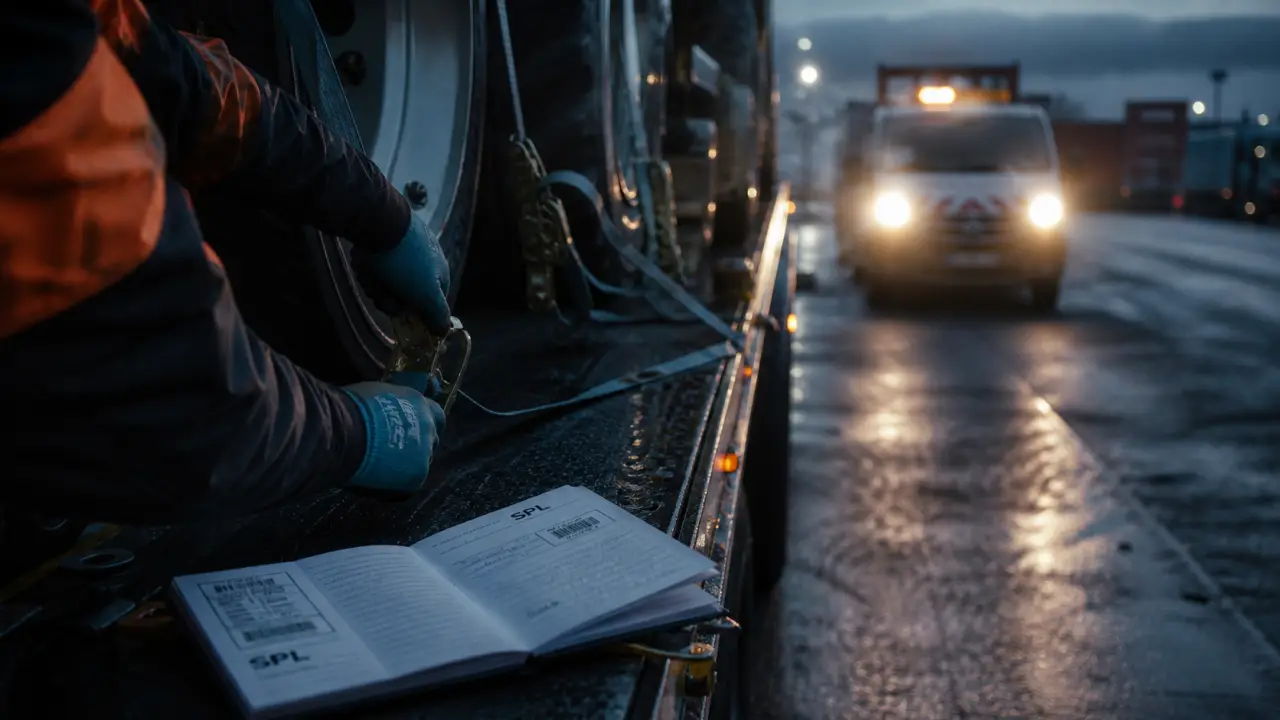 Super poids lourds : conducteur SPL vérifie sangles de remorque (permis CE)