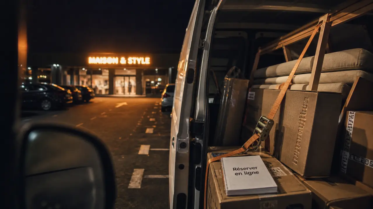 Super U location utilitaire : camionnette et sangles d’arrimage sur parking