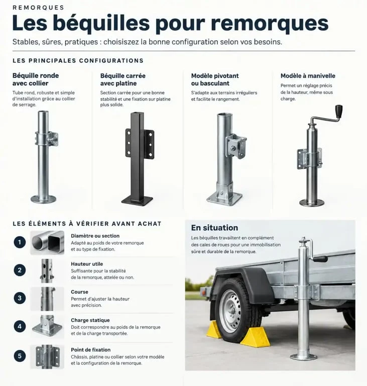 Infographie sur les béquilles pour remorques, leurs fixations, dimensions et usages