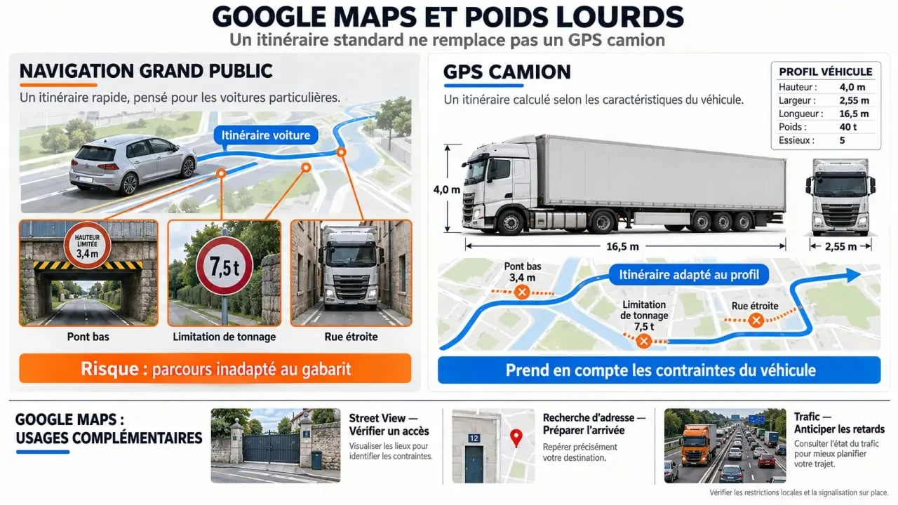 Infographie Google Maps poids lourds comparant la navigation standard et le GPS camion