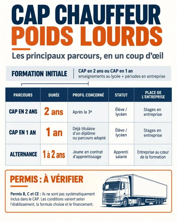 Infographie du CAP chauffeur poids lourds comparant les durées de formation, l'alternance et les permis