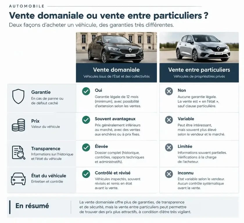 Tableau comparatif : vente de véhicule utilitaire domaine public vs vente entre particuliers