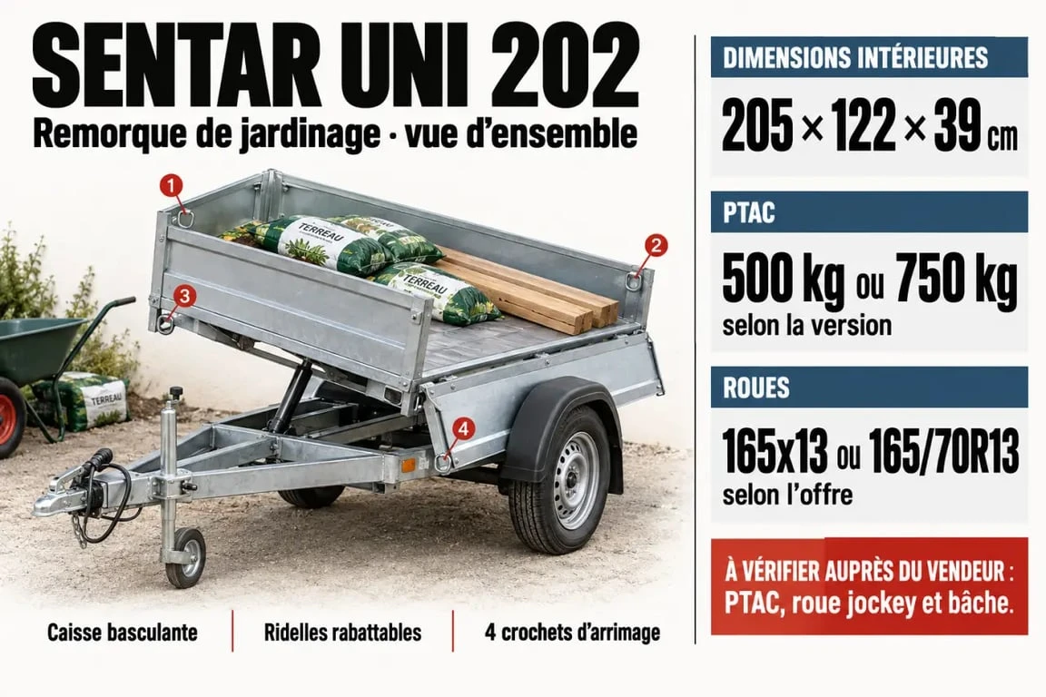 Infographie des remorques Sentar UNI 202 avec dimensions, PTAC et équipements