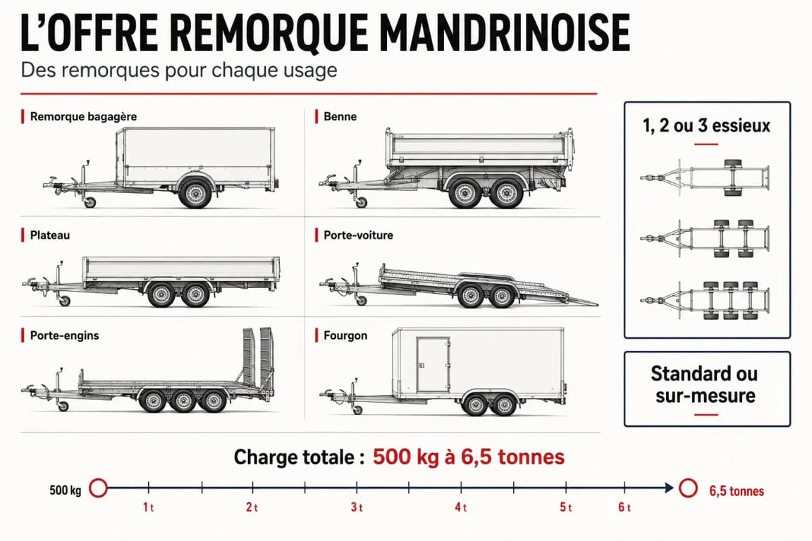 Infographie des gammes de remorques Mandrinoise, de 500 kg à 6,5 tonnes et de 1 à 3 essieux