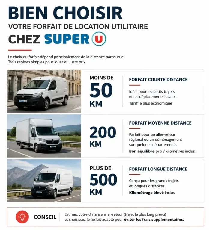 Infographie comparative pour choisir son forfait de location utilitaire kilométrage illimité Super U