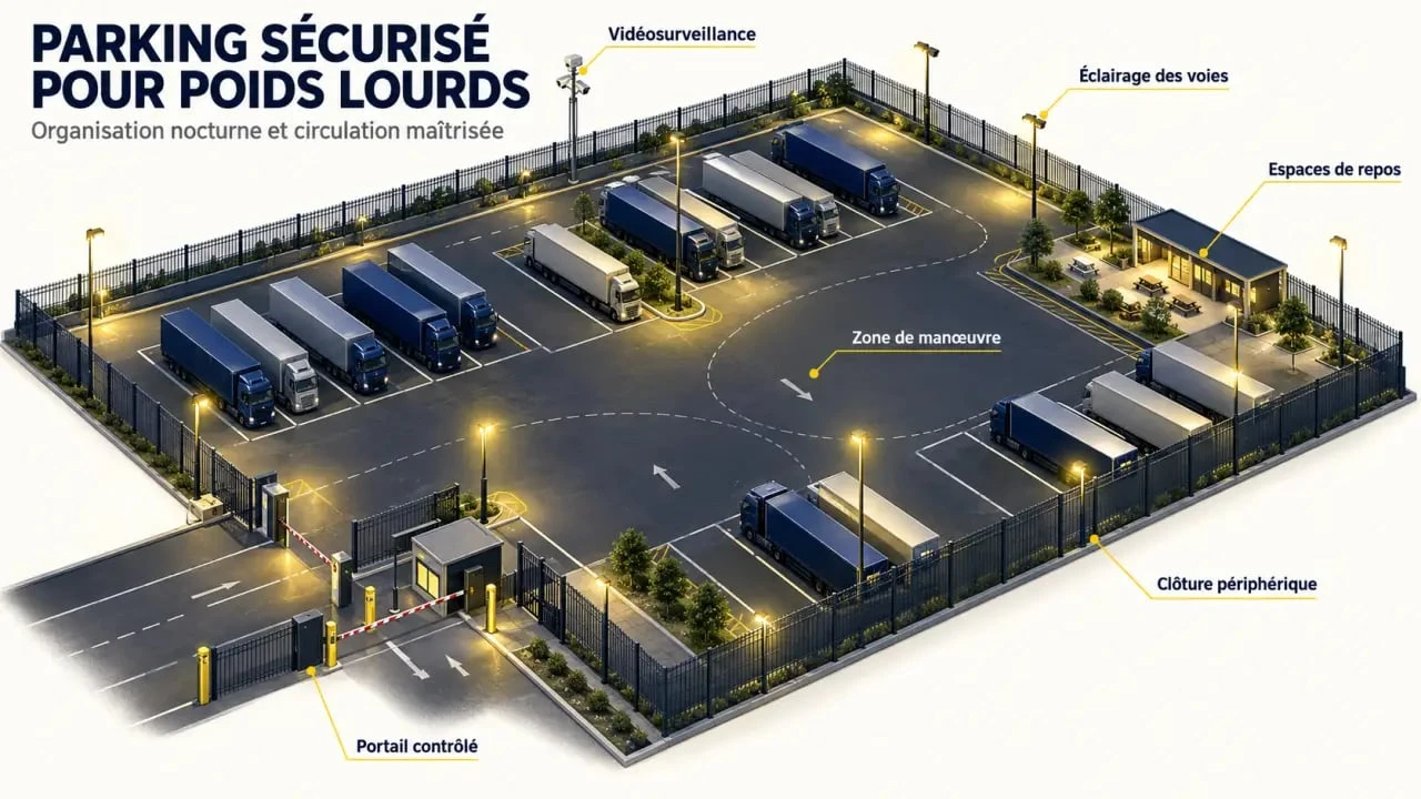 Parking pour camions sécurisé avec vidéosurveillance, clôture et éclairage de nuit