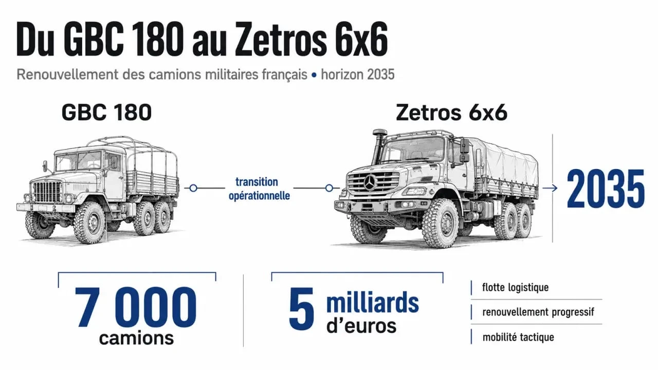 camions militaires francais : frise du remplacement du GBC 180 par le Zetros 6x6