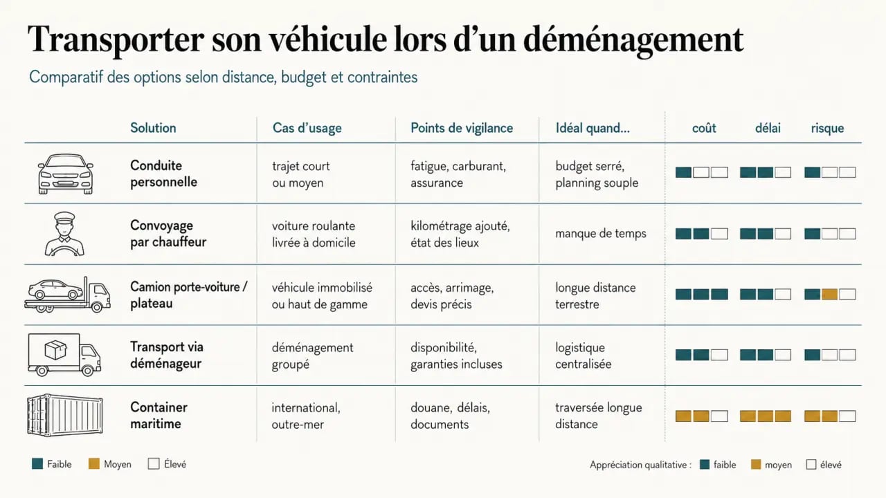 Bien préparer le transport de son véhicule lors d'un déménagement : comparatif des solutions entre conduite, convoyage, plateau et maritime