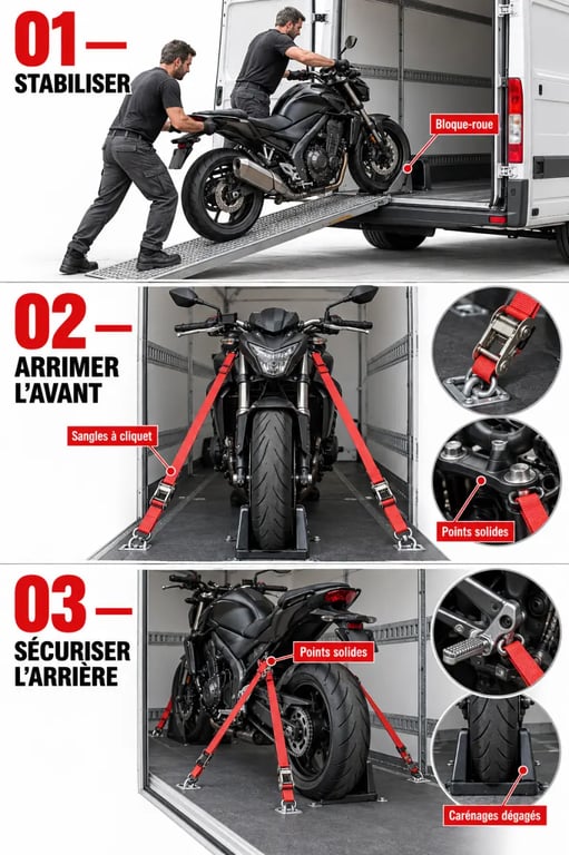 Bien préparer le transport de sa moto lors d’un déménagement avec bloque-roue et sangles d’arrimage